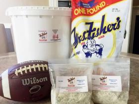 chip bag, bucket, football, and dip mix
